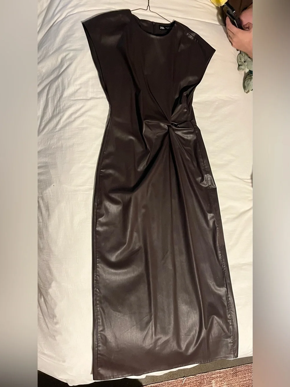 ZARA BROWN/EGGPLANT FAUX LEATHER LEATHER MIDI DRESS - Picture 2 of 4
